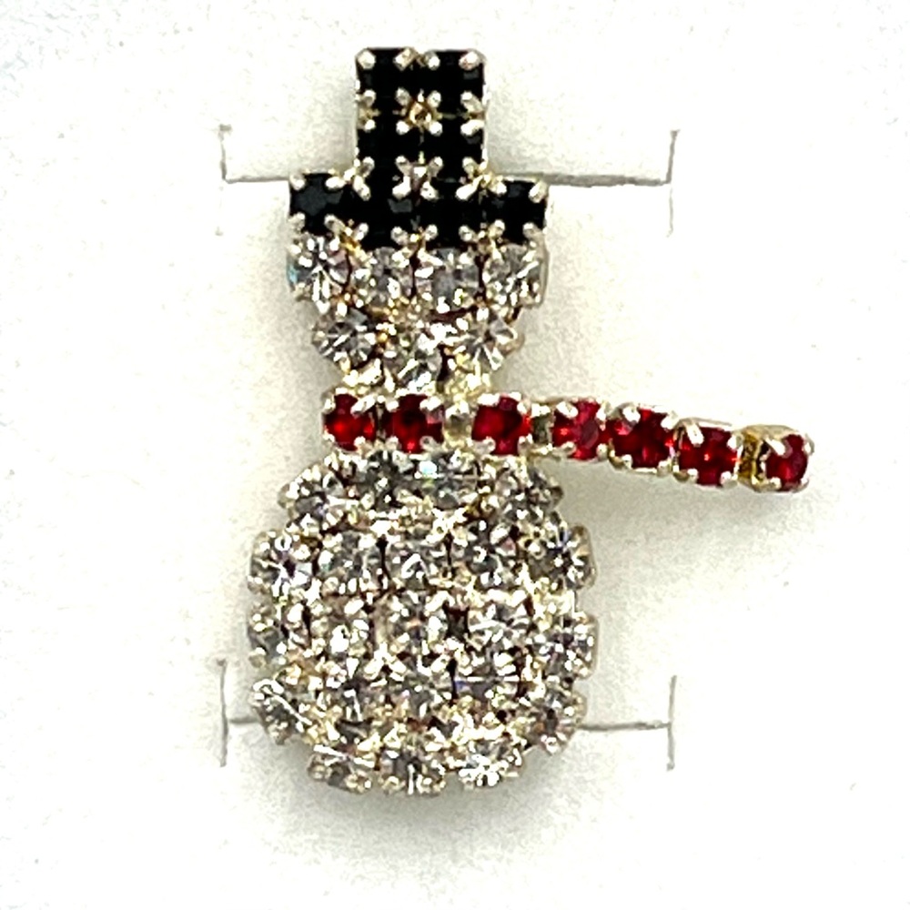 Vintage Silver Tone Crystal Christmas Snowman Pin